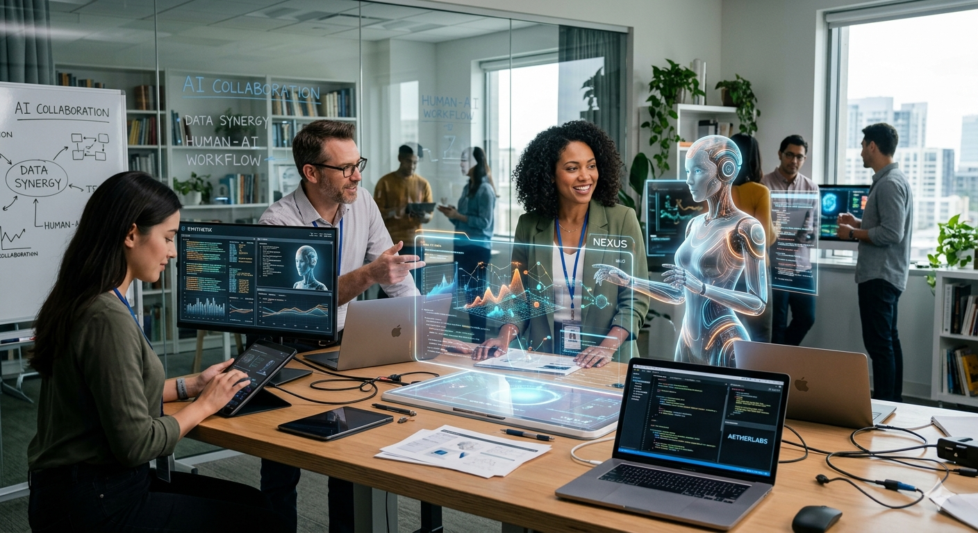 AI and procurement teams collaborating in a modern office with holographic data displays